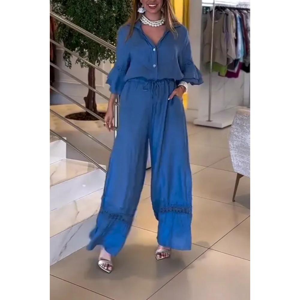 Summer Women's Casual Solid-color Lapel Lotus Leaf Sleeve Mid-waist Pocket Jumpsuit