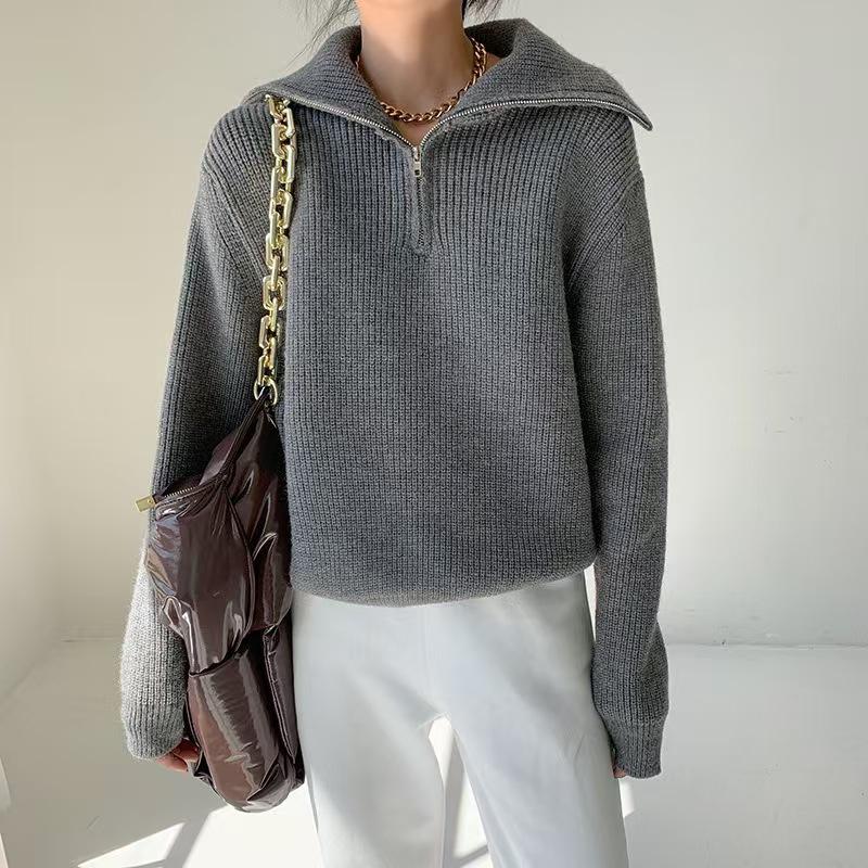 Harajuku Solid Color Polo Neck Zipper Women's Sweater Autumn Winter Casual Loose Knitted Sweaters Tops Women Thicken Pullover