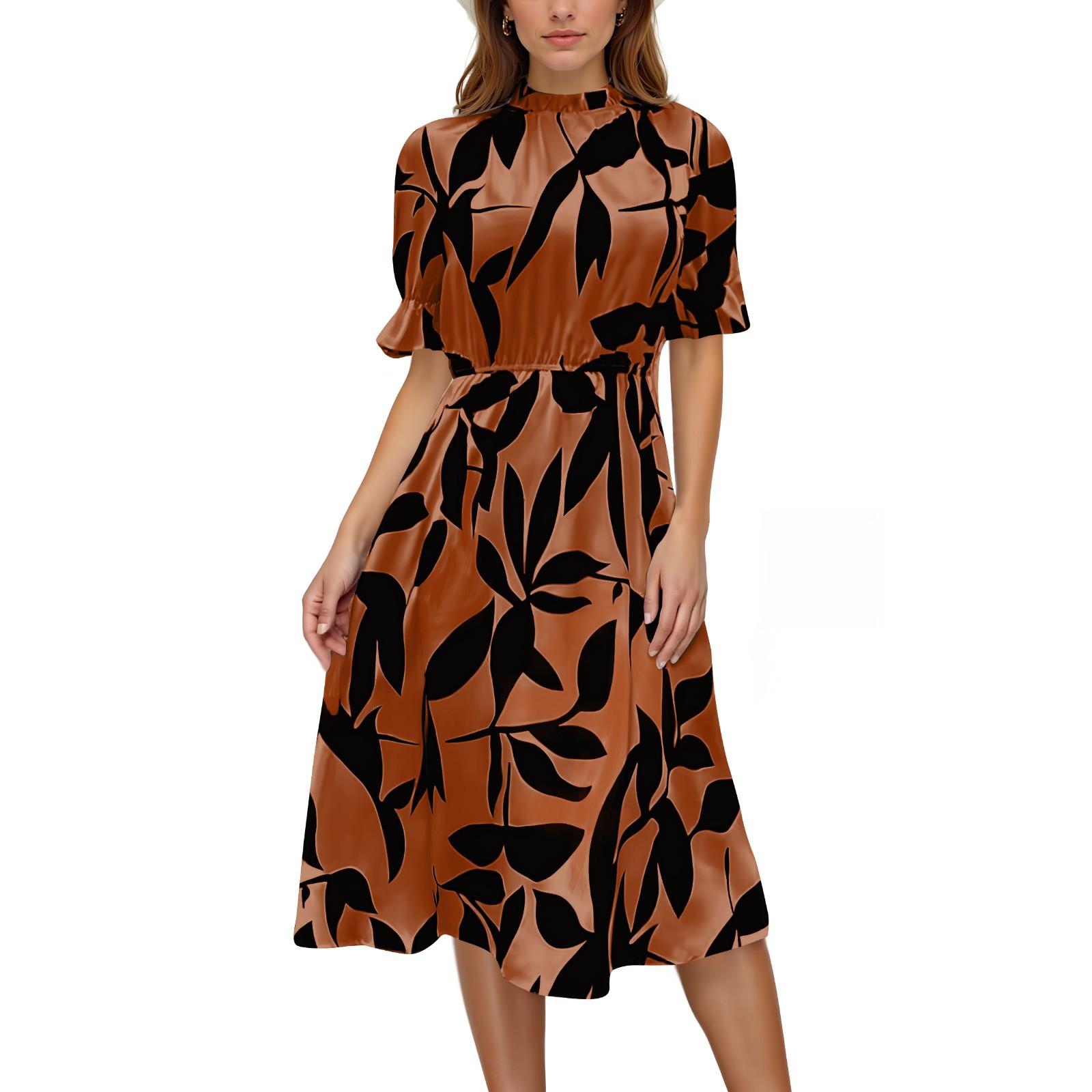 

Women s Floral Print Short Sleeve High Neck A-Line Dress with Belt, Casual Elegant Midi Dress XXL малиновий