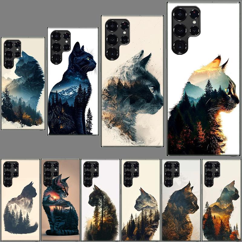 Forest and Cat Phone Case For Samsung Galaxy S24 S23 S21 S20 FE S22 S26 Ultra S25 Edge S10 Plus Cover Clear TPU Capa Shell Coque