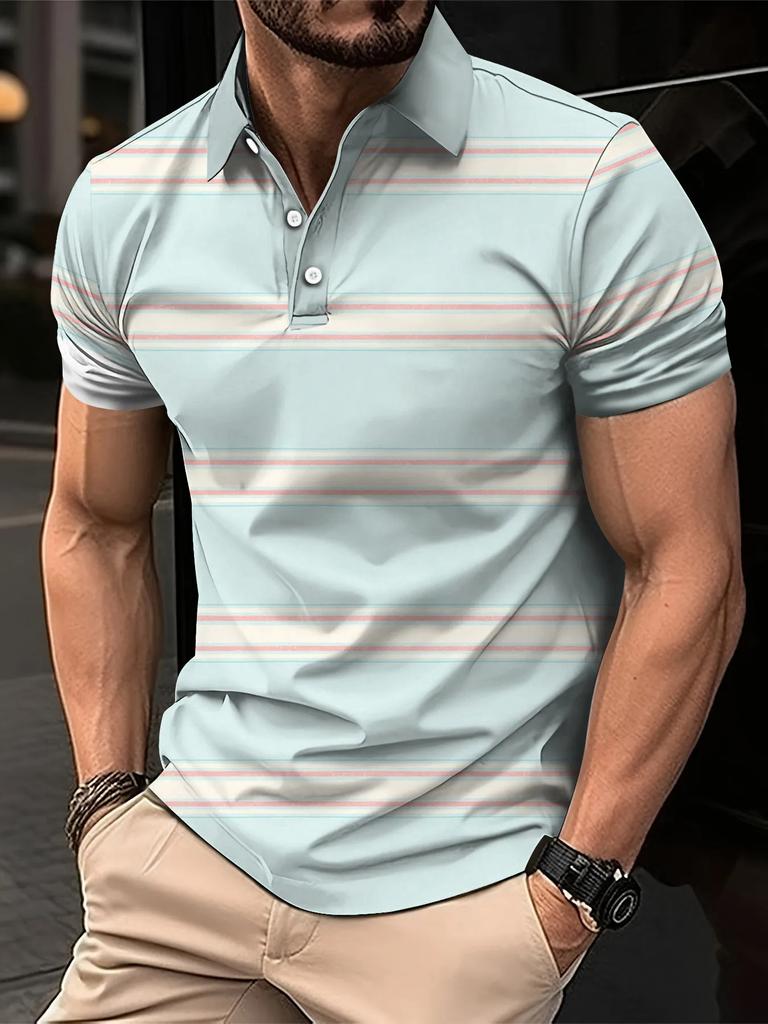 Men's Summer Short Clothes Sleeved Lapel 3D Digital Printed Striped Polo Shirt Men's Fashion Business Casual Top Clothes