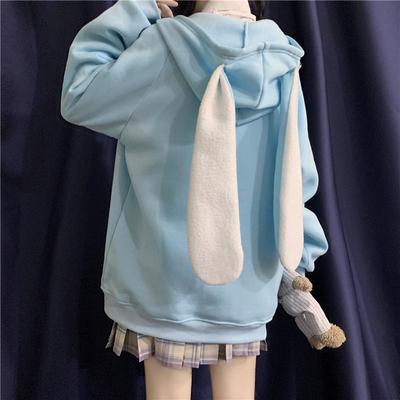 Japanischer Stil Frauen Hoodies Sweatwear Blau Rosa Top Kaninchen Ohr Pullover Frauen Herbst Winter Kleidung Lose Plus Samt Dicke Reißverschluss Jacke