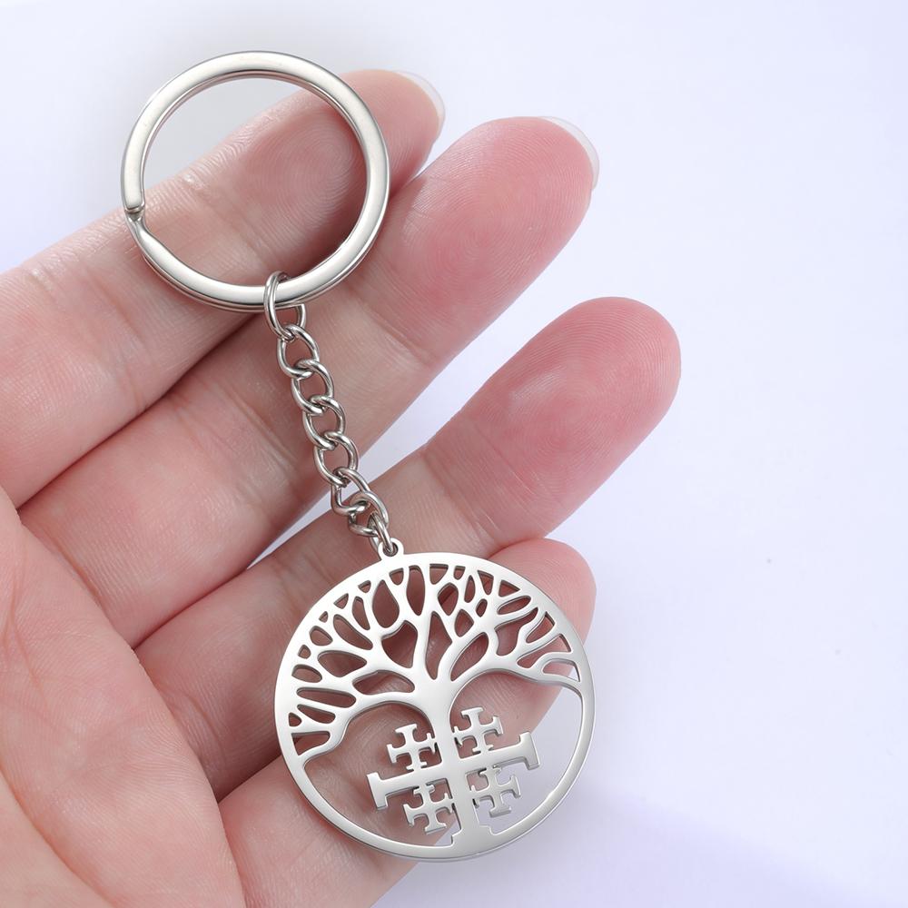 Jerusalem Cross Keychain Religious Tree of Life Bag Accessories Catholic Gift Stainless Steel Keyring Christian Faith Jewelry