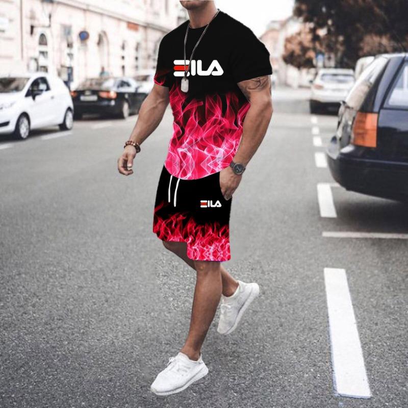 2pcs Men'S Summer Casual Lash Print Outfit Set, Crew Neck Short Sleeve