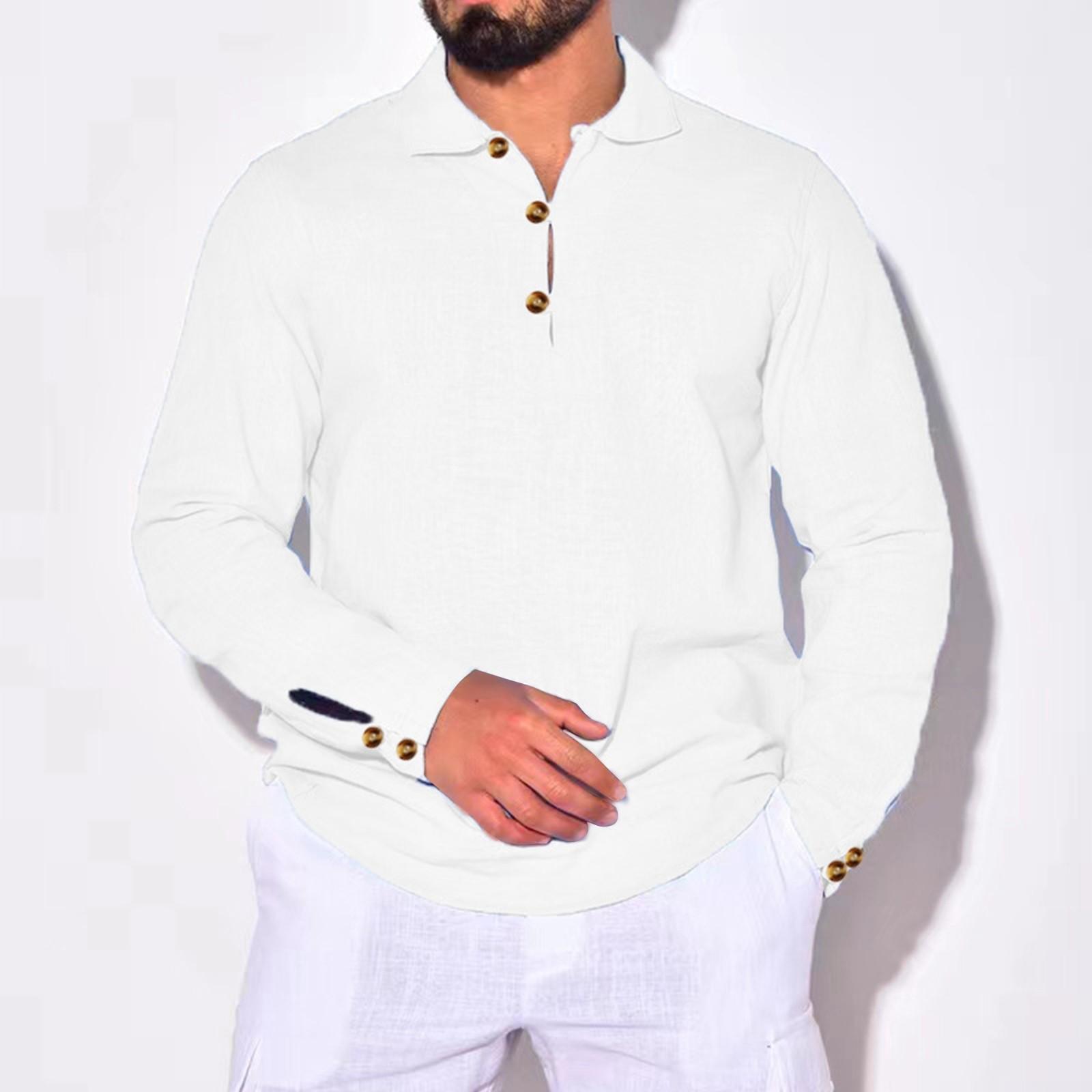 

Мужской осенний повседневный свободный однотонный топ из хлопка и льна с длинным рукавом и пуговицами на лацканах XL белый