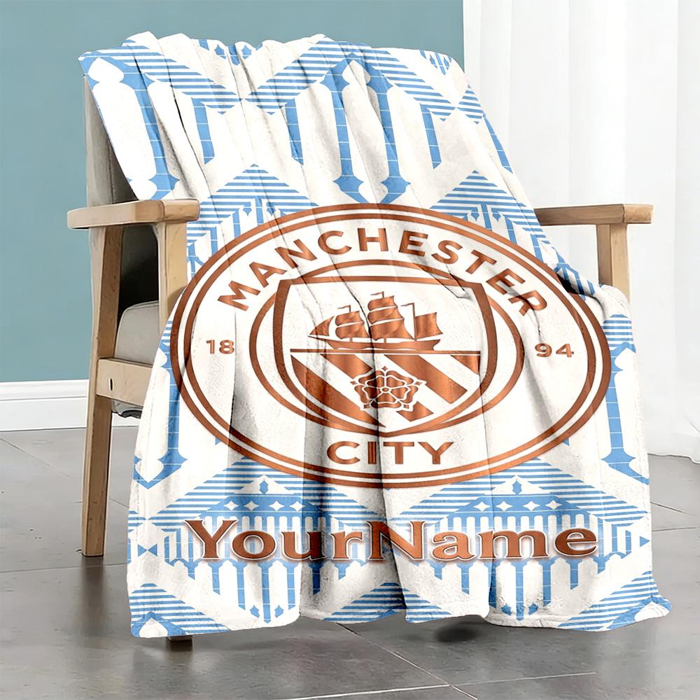 Manchester City Customize Text Blanket Gift Personalized Blanket Soft Warm Cozy Throw For Picnics Living Room Bed Home Decor Four Seasons Multipurpose