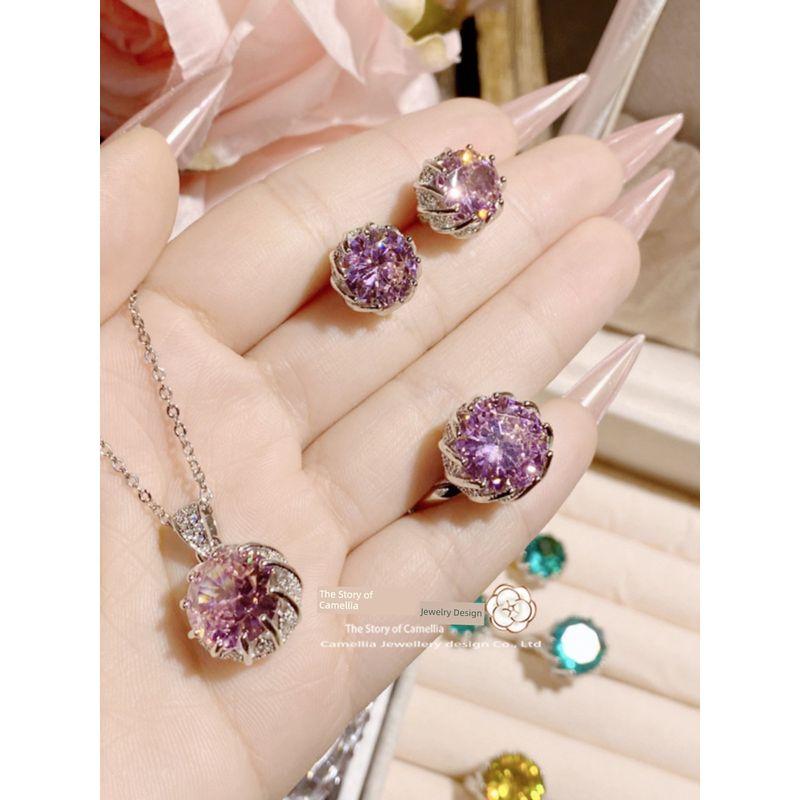 Vintage Fireworks Cut High Carbon Diamond European and American Fashion Luxury Fancy Lotus Ring Necklace and Earring Suit Female