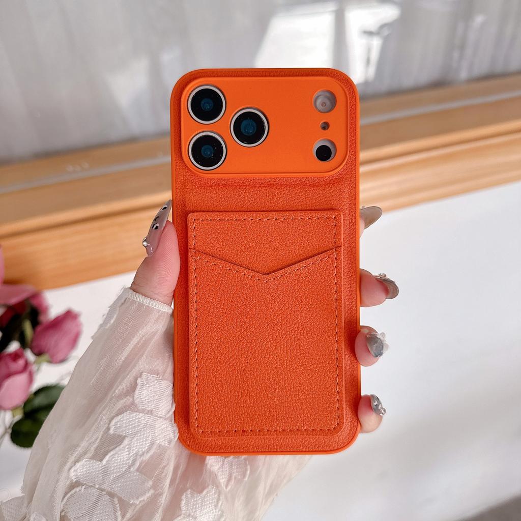 Orange Color Card Holder Leather Case For iPhone 17 Air 16 E 15 14 13 12 Mini 11 Pro X XR XS Max 7 8 Plus SE Wallet Pocket Cover