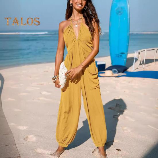 Women's Halter Maxi Jumpsuit Pleated Deep V Neck One Piece Jogger Long Pants with Pockets Casual Beach Sleeveless Rompers