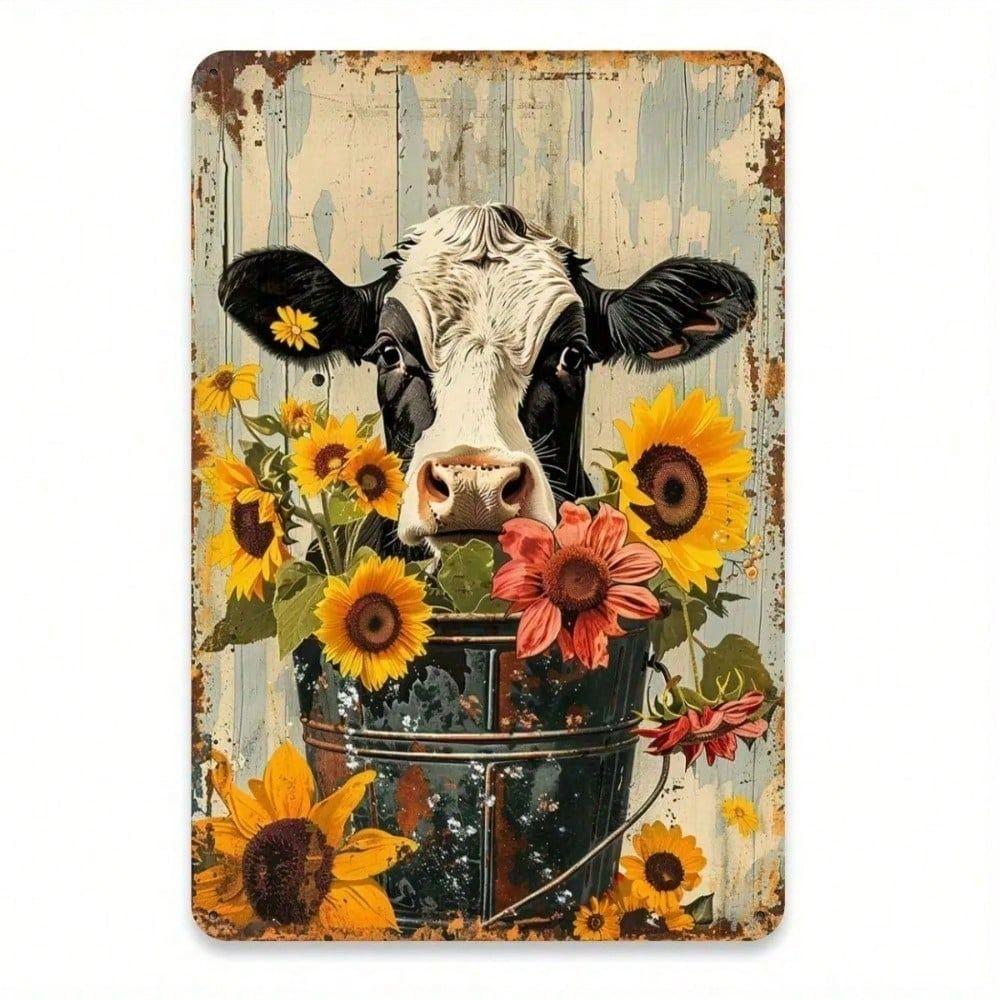 Retro Metal Tin Sign Cow Sunflowers Farmhouse Kitchen Wall Decor 20x30cm