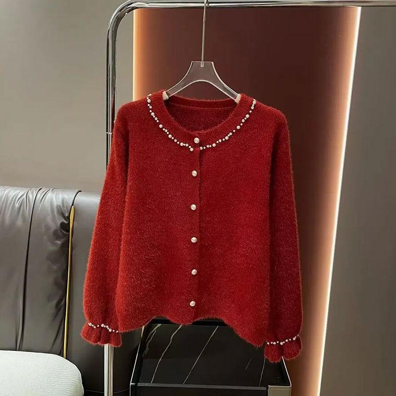 

Вязаный кардиган с бисером в корейском стиле для женщин - Ранняя весна 2025, Приталенное пальто-свитер, уменьшающее возраст L красный