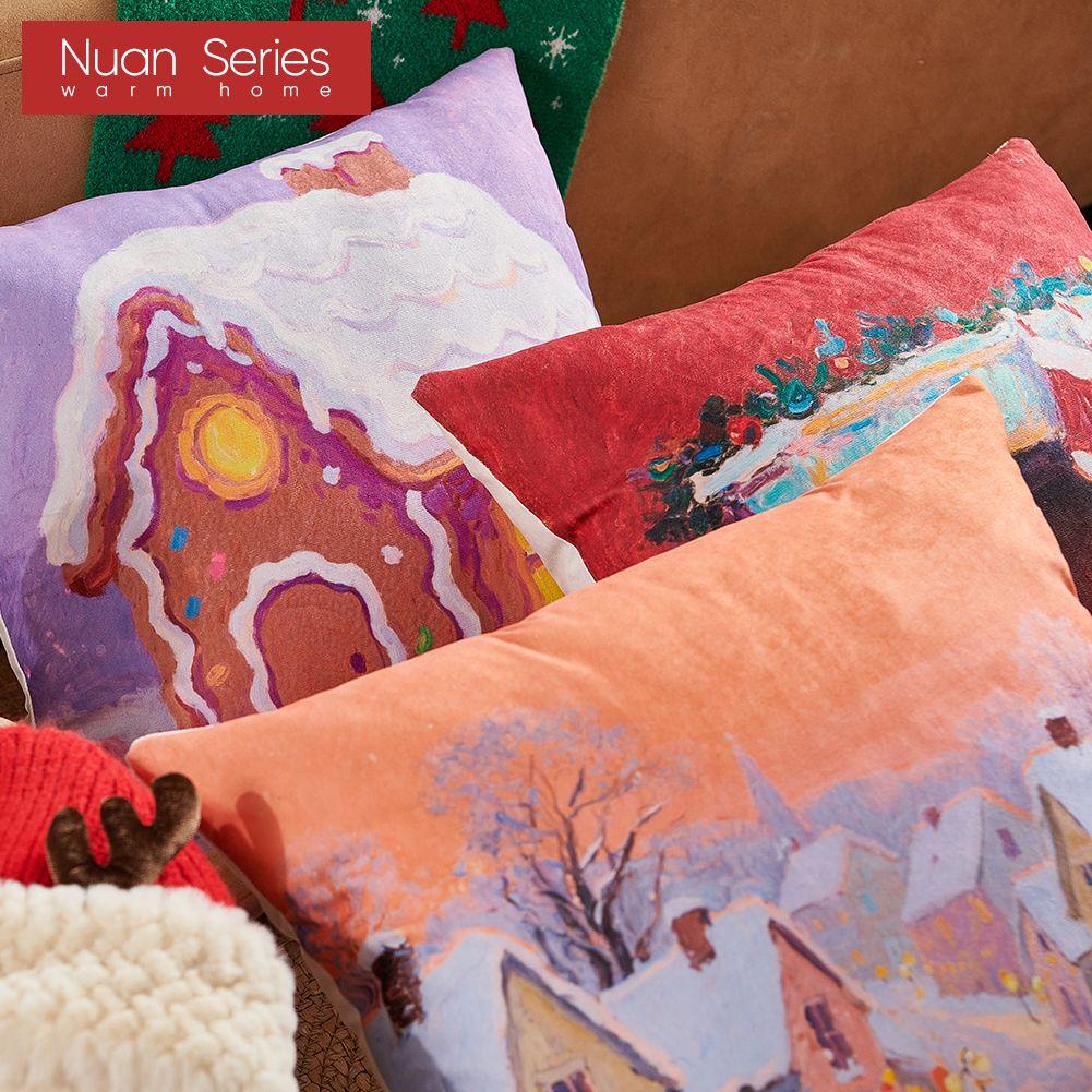 1PC Nuan Series Christmas Pillowcase Cartoon Pattern Printed Soft Cushion Cover for Sofa Living Room Bedroom Home Decor Party Decor