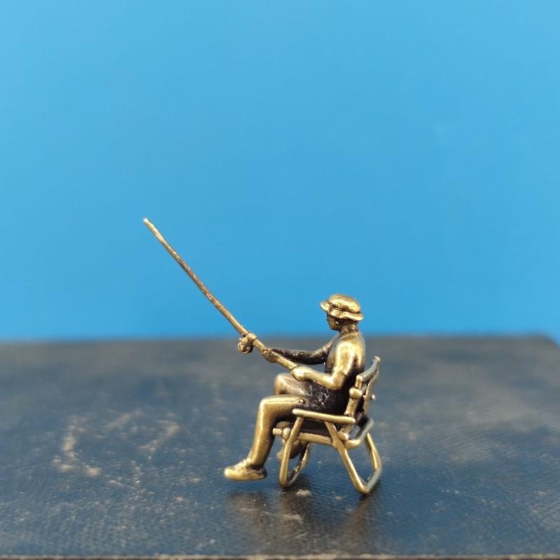 Brass Fisherman Angler Figure 1:64 Scale Mini Doll Model for Micro Landscape Sand Table Desktop Ornament Collection