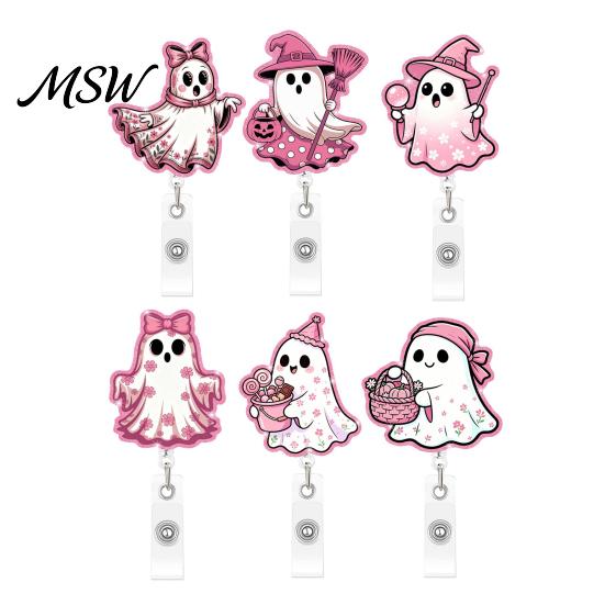 Decorative Badge Holder for Nurses Halloween Ghost Reel, Glitter Acrylic Retractable Clip, Cute Pink Transparent Clip ID Name Women Nurse Teacher