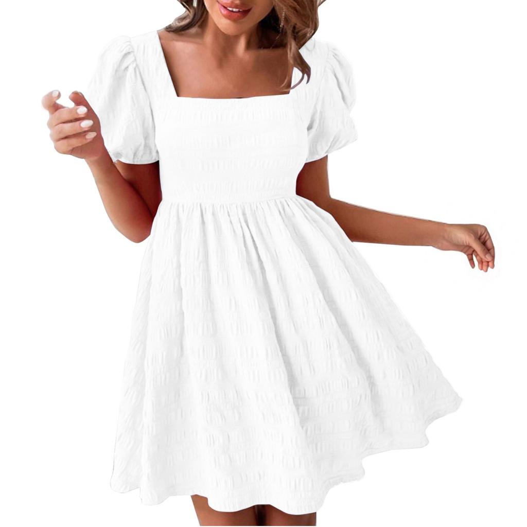 Women's Loose Solid Color Square Neck Slim Fit Fashionable Short Sleeved Dress