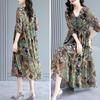 Women Midi Dress Pleated Printed Loose Hem Button Decor Patchwork Dress Up V Neck Vintage Lady Summer Dress Female Clothes