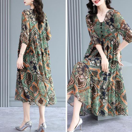 Women Midi Dress Pleated Printed Loose Hem Button Decor Patchwork Dress Up V Neck Vintage Lady Summer Dress Female Clothes