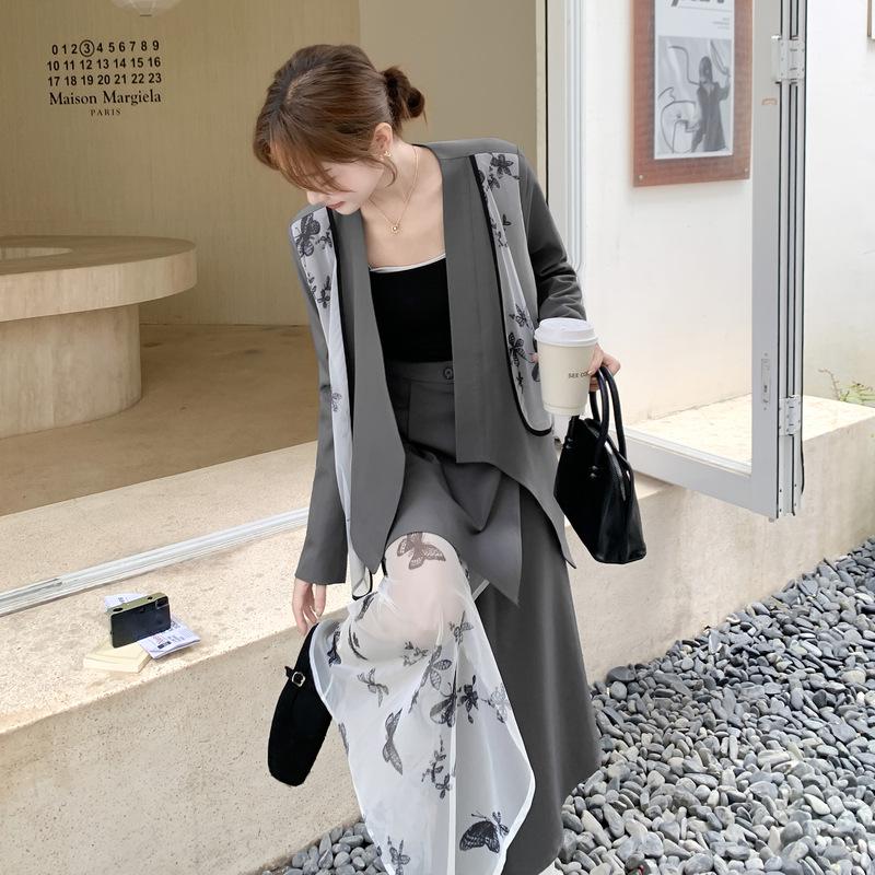 Korean Mesh Splice Suit & Skirt Set: Women s Irregular Two-Piece for Autumn 2025 Small изображения