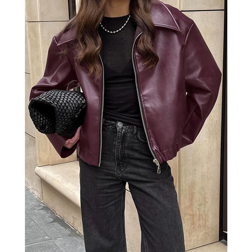 Wine Red Faux Leather Jakcet Fashion Outerwear Thicken Zipper Lapel Pu Coats Autumn Winter Streetwear Ladies Tops Women