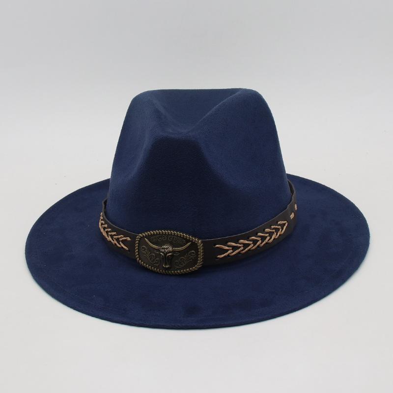 Ethnic Ox Head Wide Brim Concave Shape Women'S Jazz Hat Woolen Fried Street British Style Cowboy Hat