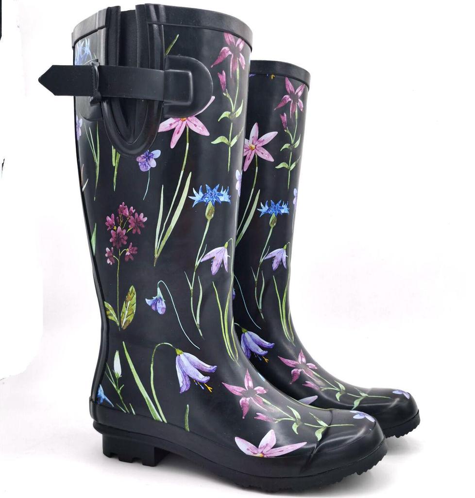 Marineblaue Damen-High-Top-Regenstiefel aus Gummi mit Blumenmuster
