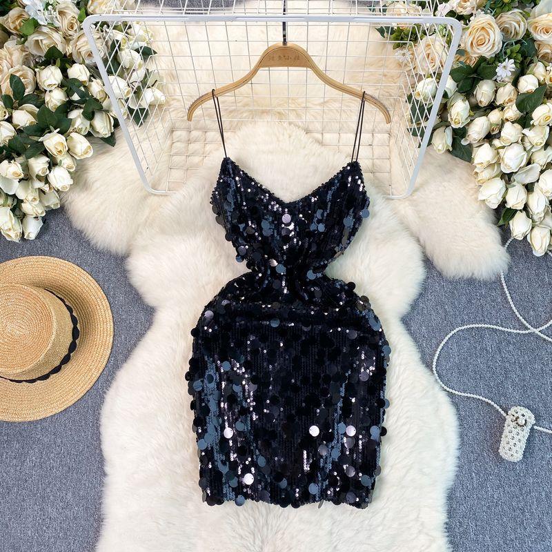 Birthday Gathering Party Small Dress Women's Formal Dress Classy Exquisite Socialite Elegant Sequins Velvet Spaghetti Straps Dress