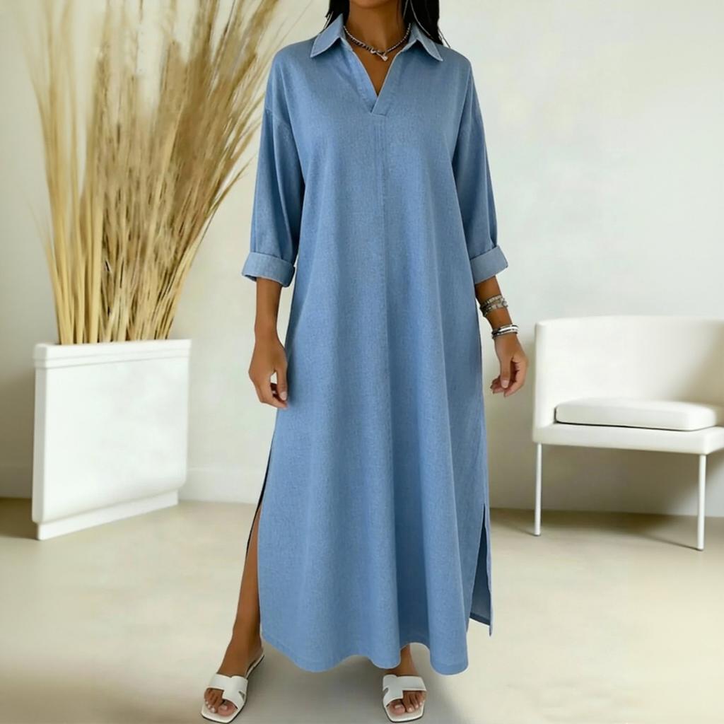 Women's -color Mid-length Loose-fitting Dress With Large Pockets And Casual
