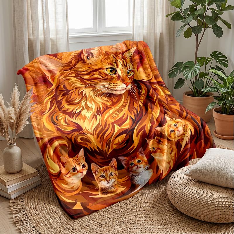 Orange Cat Family Theme Blanket Lightweight Warm Flannel Blanket Decorative Throw Blanket for Home Decoration