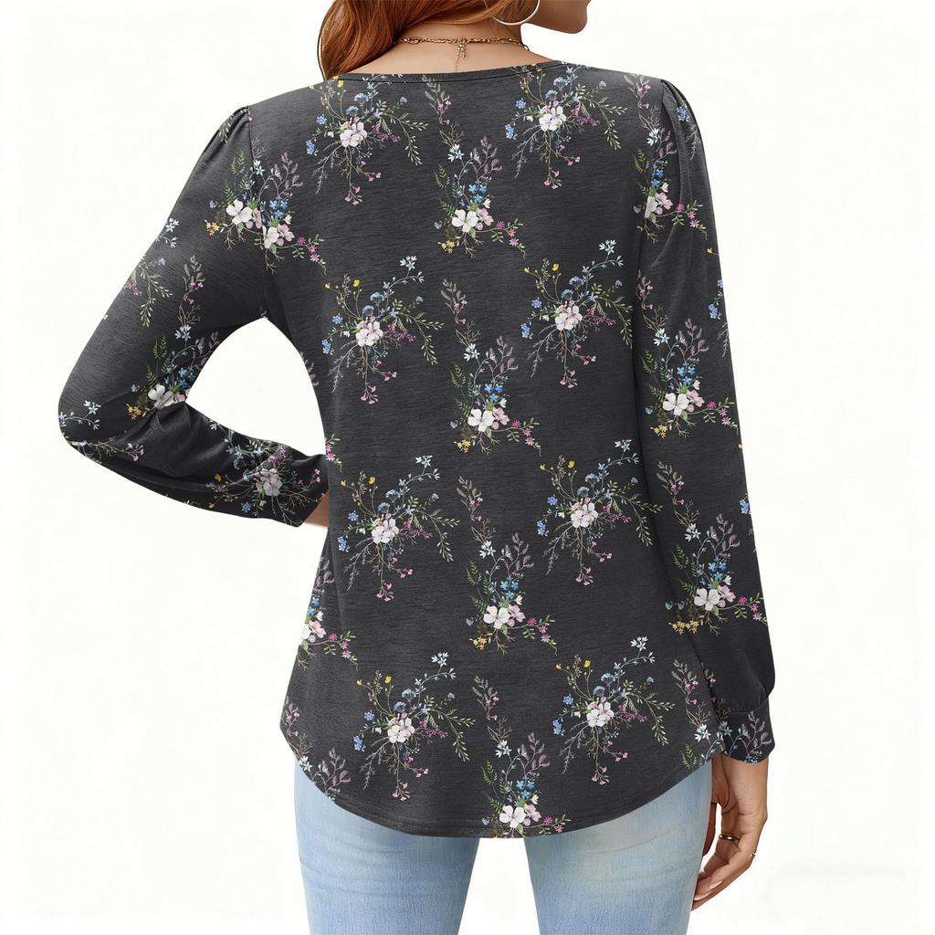 Γυναικείο Χαλαρό, V-λαιμόκοψη, Ρετρό Χρώμα, Μπλοκ με Φλοράλ Σχέδιο, Μακρυμάνικο Πουλόβερ T-shirt