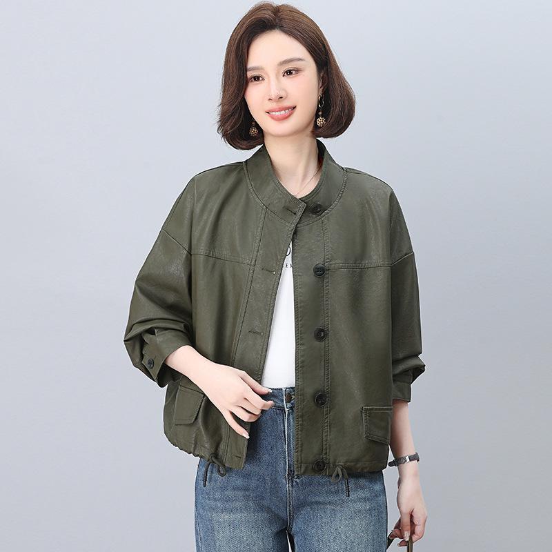 

2025 Женская Повседневная Кожаная Куртка Высокого Класса - Модная, Свободная, Омолаживающая, Стиль Матери Среднего Возраста для Весны/Осени XXL зелёный