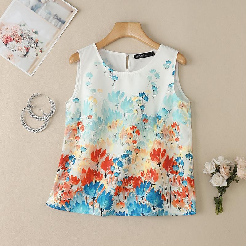 ZANZEA Camisetas sin mangas de verano para mujer con cuello redondo y estampado floral