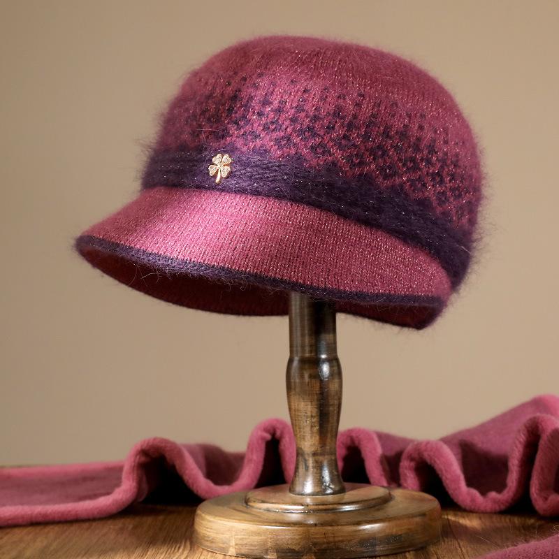 New knitted hat women's middle-aged and old autumn and winter versatile fashion mother rabbit wool basin hat fleece thickened warm hat