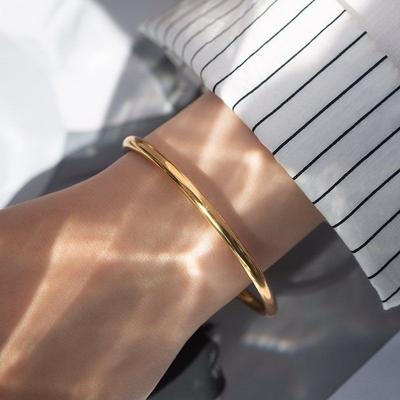 Women Gold Color Stainless Steel Cuff Bracelet, Chic Jewelry Wristband Plain Slip Bangle, Stacking Bracelet Gift To Young Girls