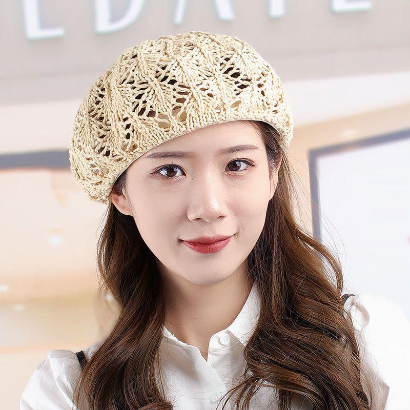 Women's Spring and Summer Hollow Knitted Beret Summer Crochet Pumpkin Hat Straw Hat Sweet Straw Cap