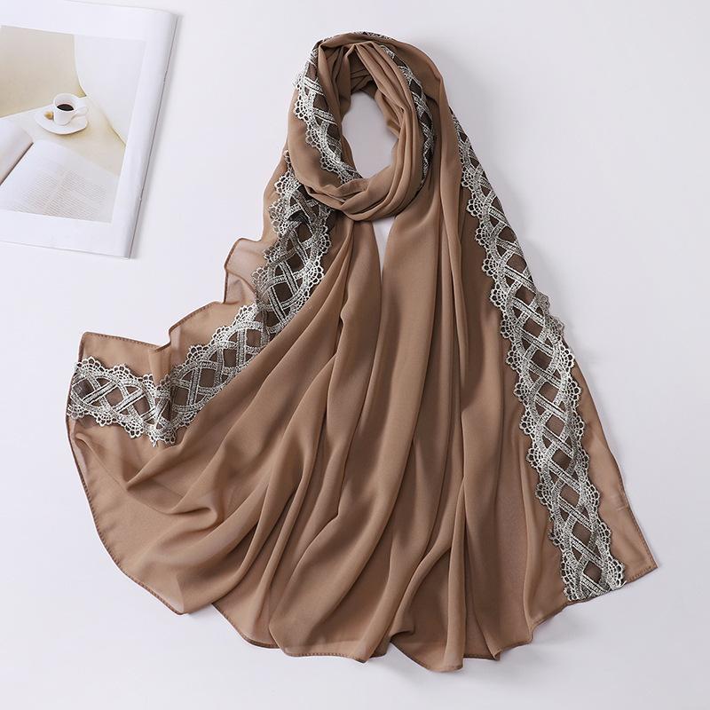 Muslim Women Chiffon Scarves with Lace Side Embroidered Chiffon Hijabs Lace Plain Hijab Patches Decoration