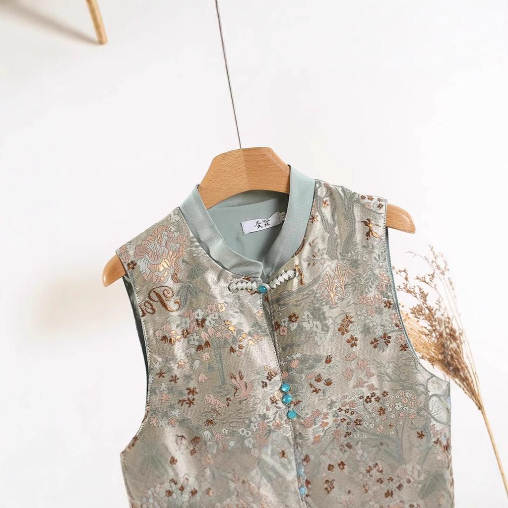 Stunning Beauty 2025 New Premium Silver Grey Gold Silk Brocade Silk Vest Women's Vest