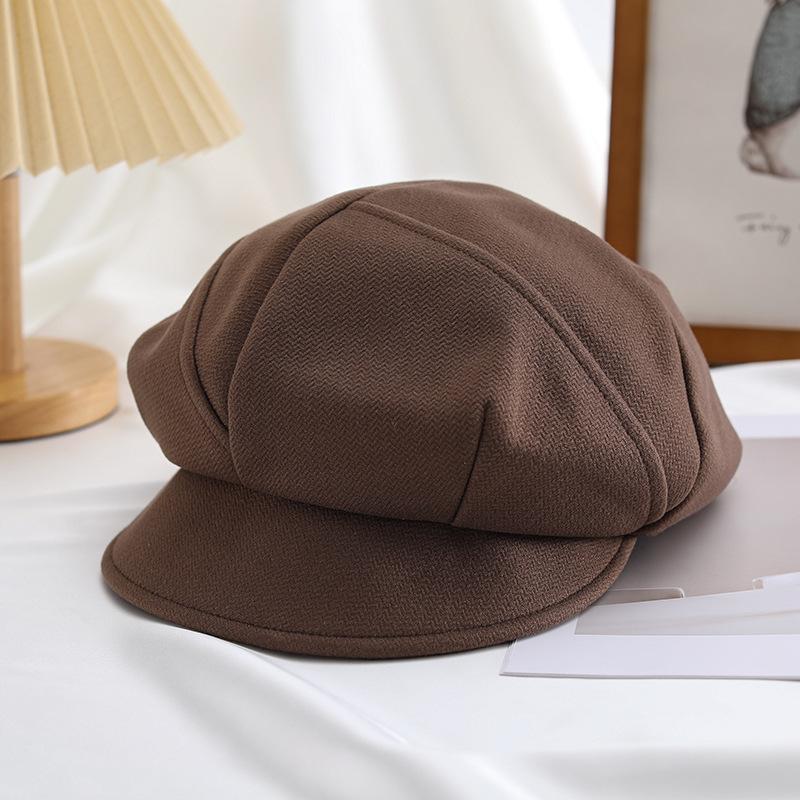 

Однотонная восьмиугольная кепка газетчика, повседневная теплая беретная шапка, легкая простая кепка художника для женщин, повседневное использование, осень и зима ONE SIZE темно-коричневого