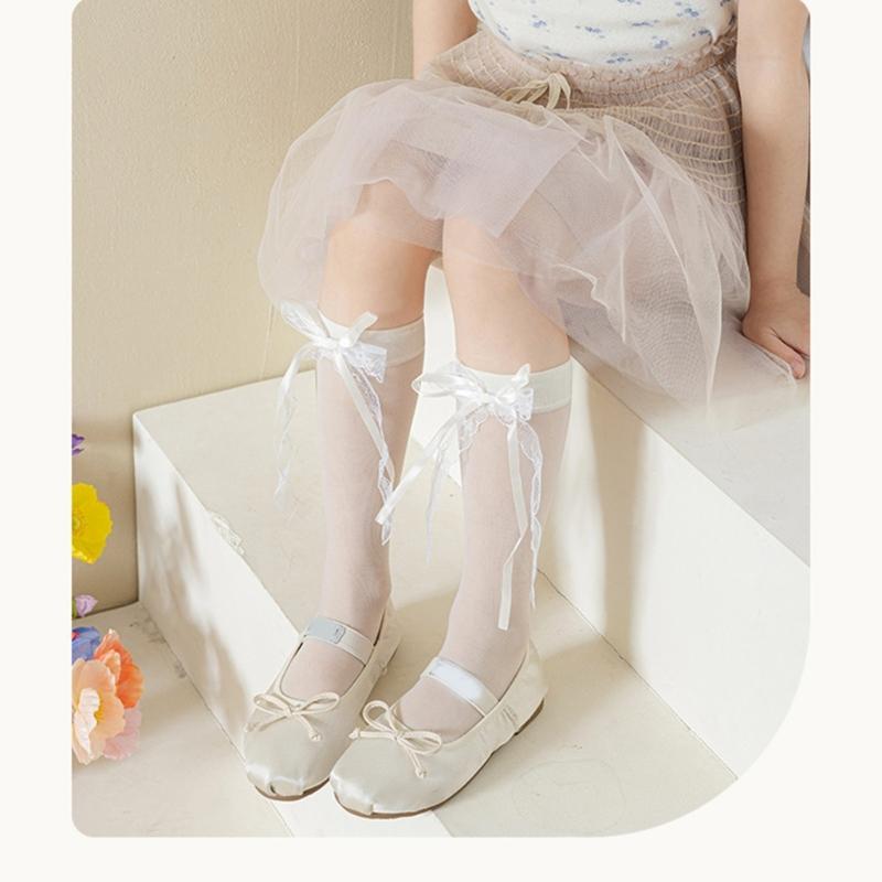 Soft & Breathable Girls Under Knee Length Socks Lovely Bowknot Accent Middle Tube Socks Stockings Enjoy Sweet Charm