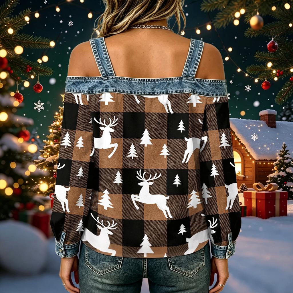 Women's Casual Off-Shoulder Long Sleeve Christmas Print Top for Holiday Parties