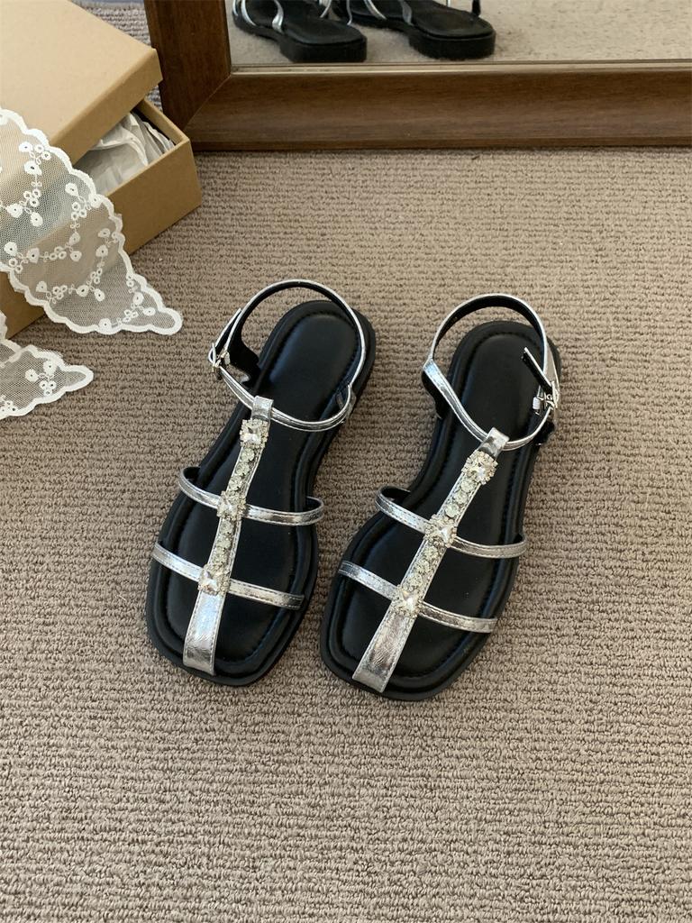 Narrow Band Ladies Casual Heeled Sandals Women's Black Beach New Summer 2025 Low Heel Outdoor Dress Gladiator Shoes