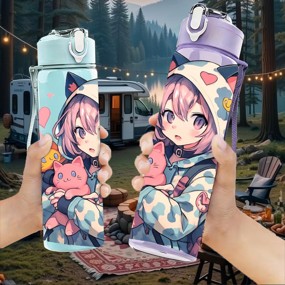 1PC Anime Girl Cat Ear Hoodie Print 750ml Color Plastic Sports Water Bottle Leakproof Flip Straw Lid Suitable for Sports Office Home Use