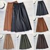 Women's Winter Faux Leather Pleated High Waist A-Line Midi Skirt Long Skirt