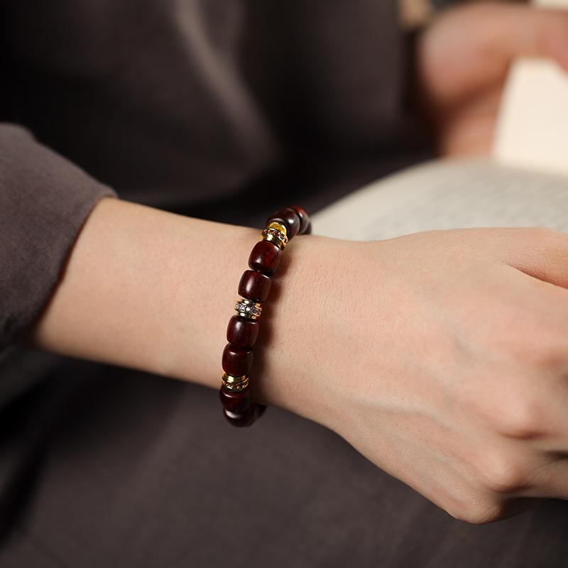 Authentic Small-leaf Rosewood Finely Crafted Straight-cut Barrel Beads Rosewood Bracelet with Micro-inlaid Colored Diamonds, Vintage Style for Men