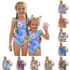 Girls One Piece Swimsuit Hawaiian Print Sleeveless Ruffle Shoulder Swimwear Kids Beachwear Bathing Suit for Summer Pool Water Activities