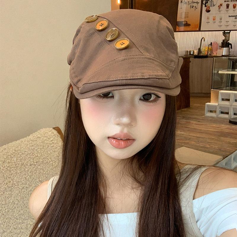 Personalized Retro Button Brown Forward Hat Children Autumn and Winter Spice Girl Big Head Circumference Show Face Small Beret