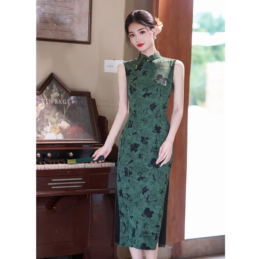 1011 spring and summer new cheongsam improved young daily new Chinese dress national style retro sleeveless cheongsam green