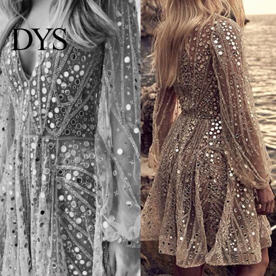 Evening Wear Short Dress Deep V Neck Sequin See-through Mesh A-line Mini Women Long Lantern Sleeves Prom Cocktail Party Sparkling Bead Embellished