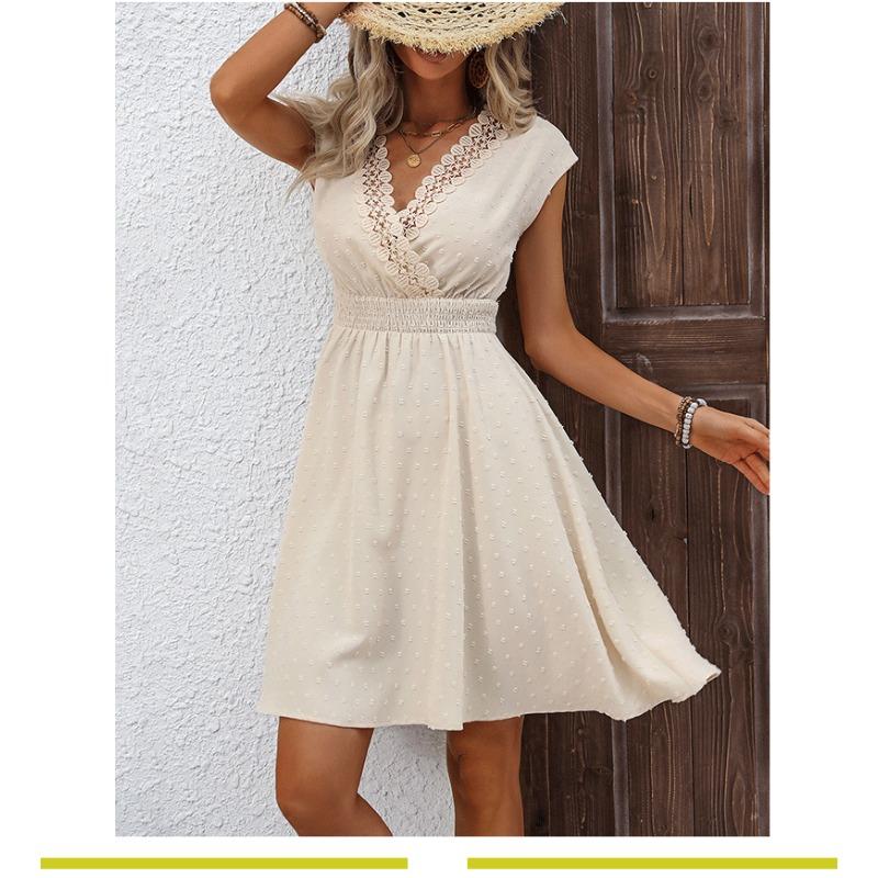 Summer V-neck Sleeveless Lace Fashion Dress Hollow Out Elegant Slim Fit Party A-line Dress Female Loose Casual Simple Solid Color Pleated Clothing