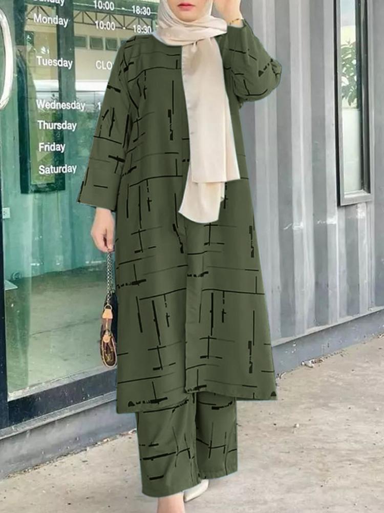 Women's Army Green Muslim Print Casual Fashion Set