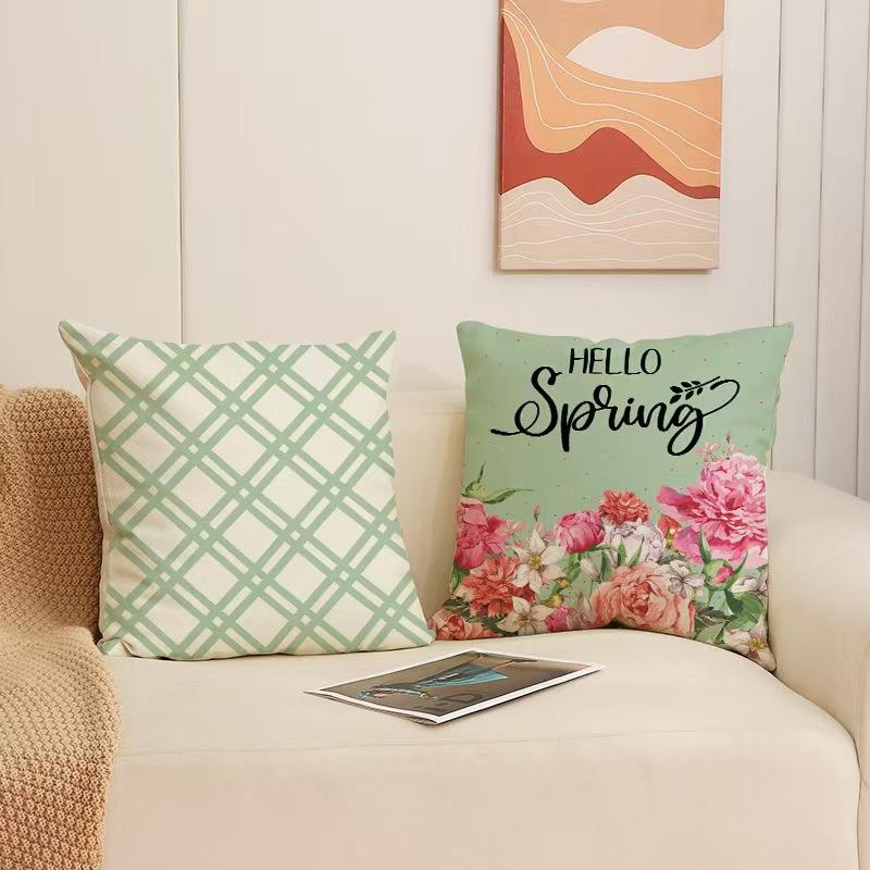 New Spring Geometric Print Pillow Cover Linen Green Set Combination Bedside Cushion Living Room Sofa Cushion Cover